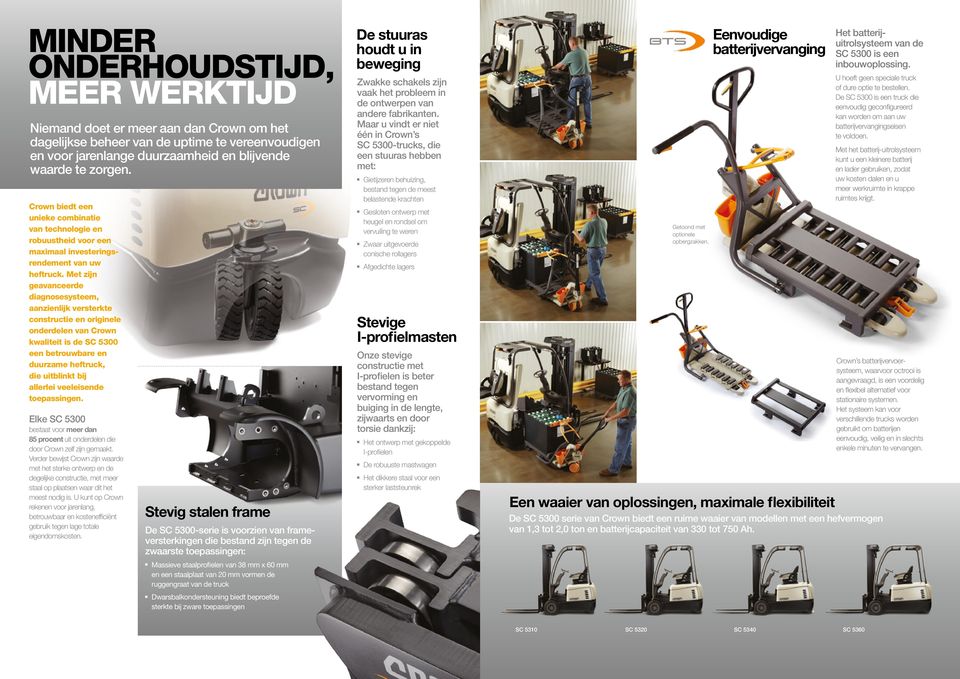 Met zijn geavanceerde diagnosesysteem, aanzienlijk versterkte constructie en originele onderdelen van Crown kwaliteit is de SC 5300 een betrouwbare en duurzame heftruck, die uitblinkt bij allerlei