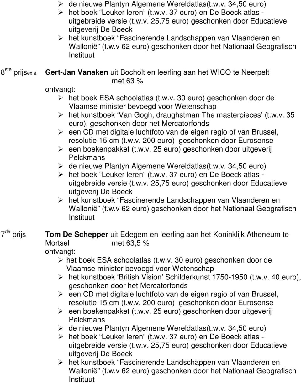 35 euro), geschonken door het Mercatorfonds 7 de prijs Tom De Schepper uit Edegem en leerling aan