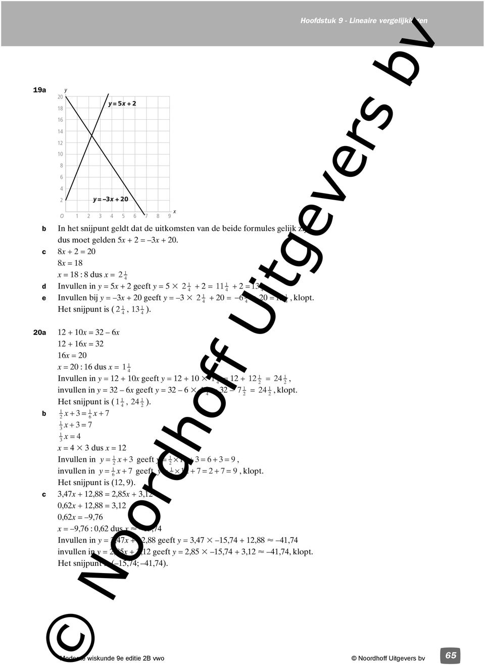 4 4 0a + 0x = 3 6x + 6x = 3 6x = 0 x = 0 : 6 dus x = 4 Invullen in y = + 0x geeft y = + 0 3 = + = 4, 4 invullen in y = 3 6x geeft y = 3 6 3 = 3 7 = 4, klopt. 4 Het snijpunt is (, 4 ).