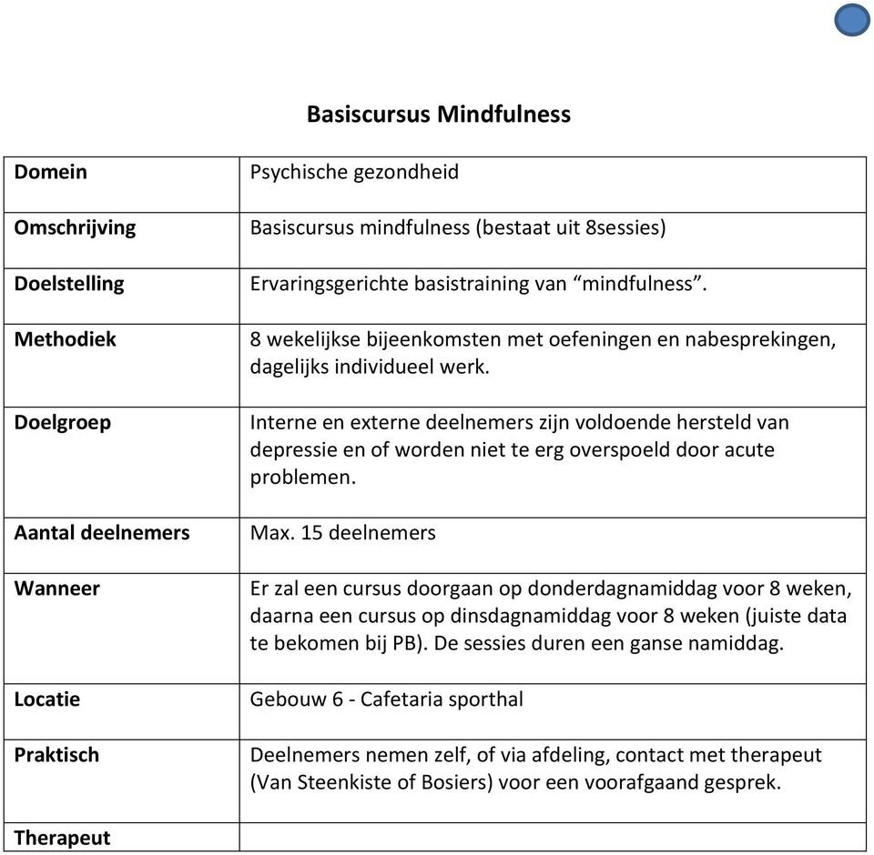 Interne en externe deelnemers zijn voldoende hersteld van depressie en of worden niet te erg overspoeld door acute problemen. Max.