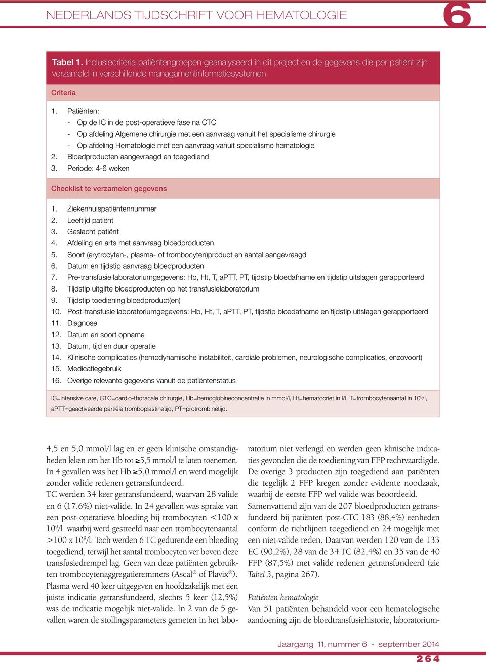 Patiënten: - Op de IC in de post-operatieve fase na CTC - Op afdeling Algemene chirurgie met een aanvraag vanuit het specialisme chirurgie - Op afdeling Hematologie met een aanvraag vanuit