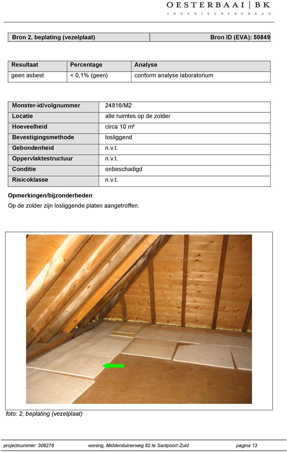 Gebondenheid n.v.t. Oppervlaktestructuur n.v.t. Conditie onbeschadigd Risicoklasse n.v.t. Opmerkingen/bijzonderheden Op de zolder zijn losliggende platen aangetroffen.