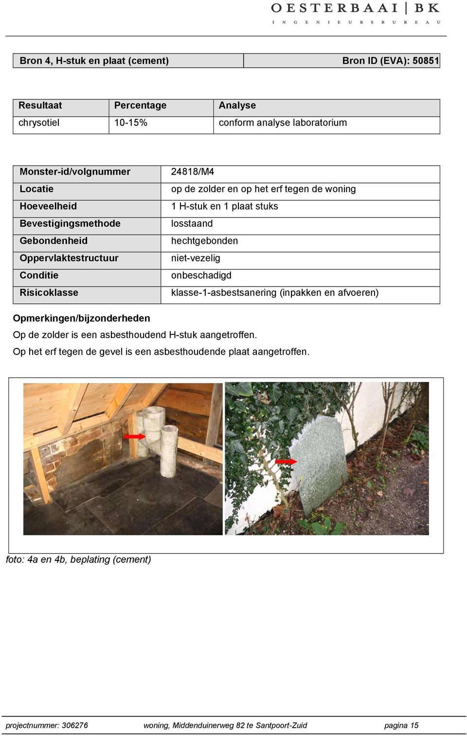 niet-vezelig Conditie onbeschadigd Risicoklasse klasse-1-asbestsanering (inpakken en afvoeren) Opmerkingen/bijzonderheden Op de zolder is een asbesthoudend H-stuk