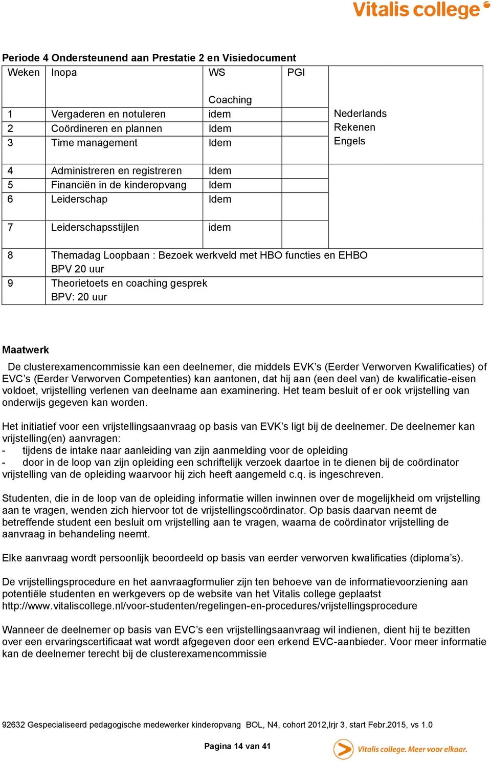 Theorietoets en coaching gesprek BPV: 20 uur Maatwerk De clusterexamencommissie kan een deelnemer, die middels EVK s (Eerder Verworven Kwalificaties) of EVC s (Eerder Verworven Competenties) kan