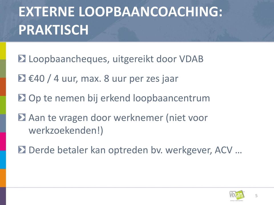 8 uur per zes jaar Op te nemen bij erkend loopbaancentrum Aan