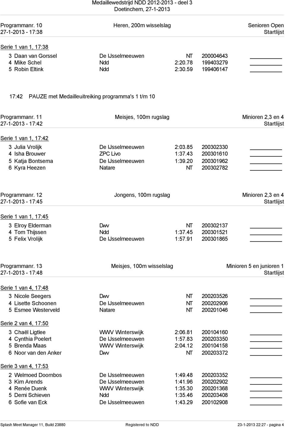 11 Meisjes, 100m rugslag Minioren 2,3 en 4 27-1-2013-17:42 Startlijst Serie 1 van 1, 17:42 3 Julia Vrolijk De IJsselmeeuwen 2:03.85 200302330 4 Isha Brouwer ZPC Livo 1:37.