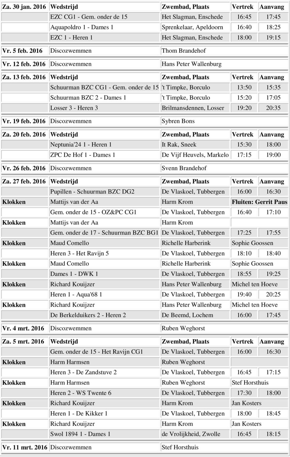 2016 Discozwemmen Thom Brandehof Vr. 12 feb. 2016 Discozwemmen Hans Peter Wallenburg Za. 13 feb. 2016 Wedstrijd Zwembad, Plaats Vertrek Aanvang Schuurman BZC CG1 - Gem.