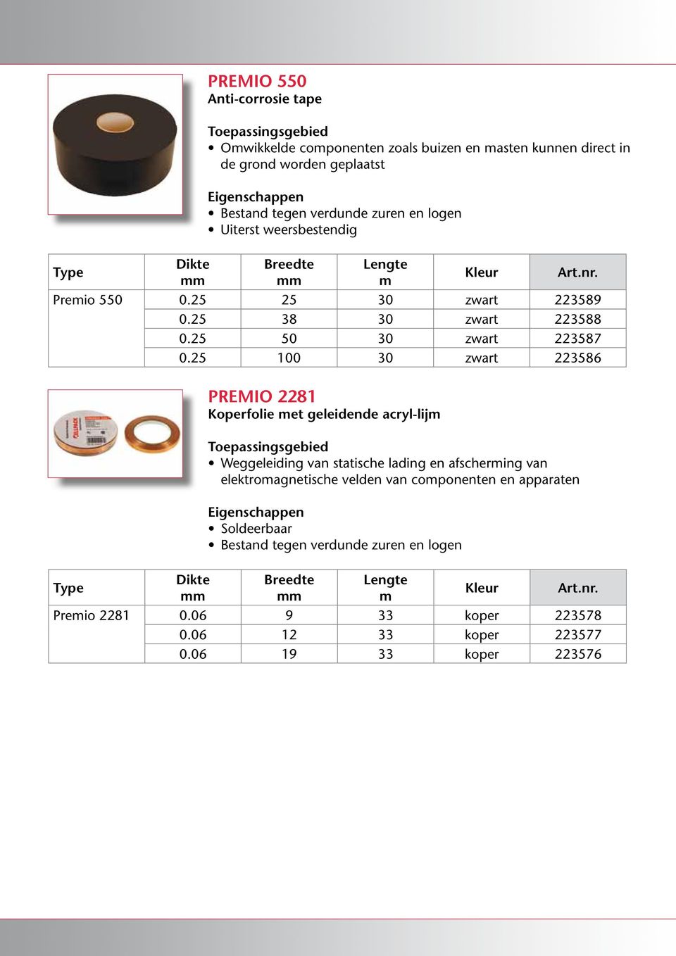 25 100 30 zwart 223586 PREMIO 2281 Koperfolie et geleidende acryl-lij Weggeleiding van statische lading en afschering van elektroagnetische