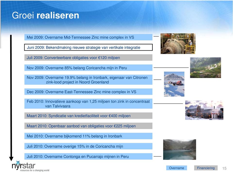 9% belang in Ironbark, eigenaar van Citronen zink-lood project in Noord Groenland Dec 29: Overname East-Tennessee Zinc mine complex in VS Feb 21: Innovatieve aankoop van 1,25 miljoen ton zink in