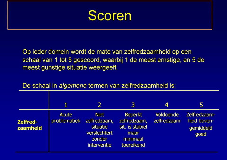 De schaal in algemene termen van zelfredzaamheid is: 1 2 3 4 5 Acute problematiek Niet zelfredzaam, situatie