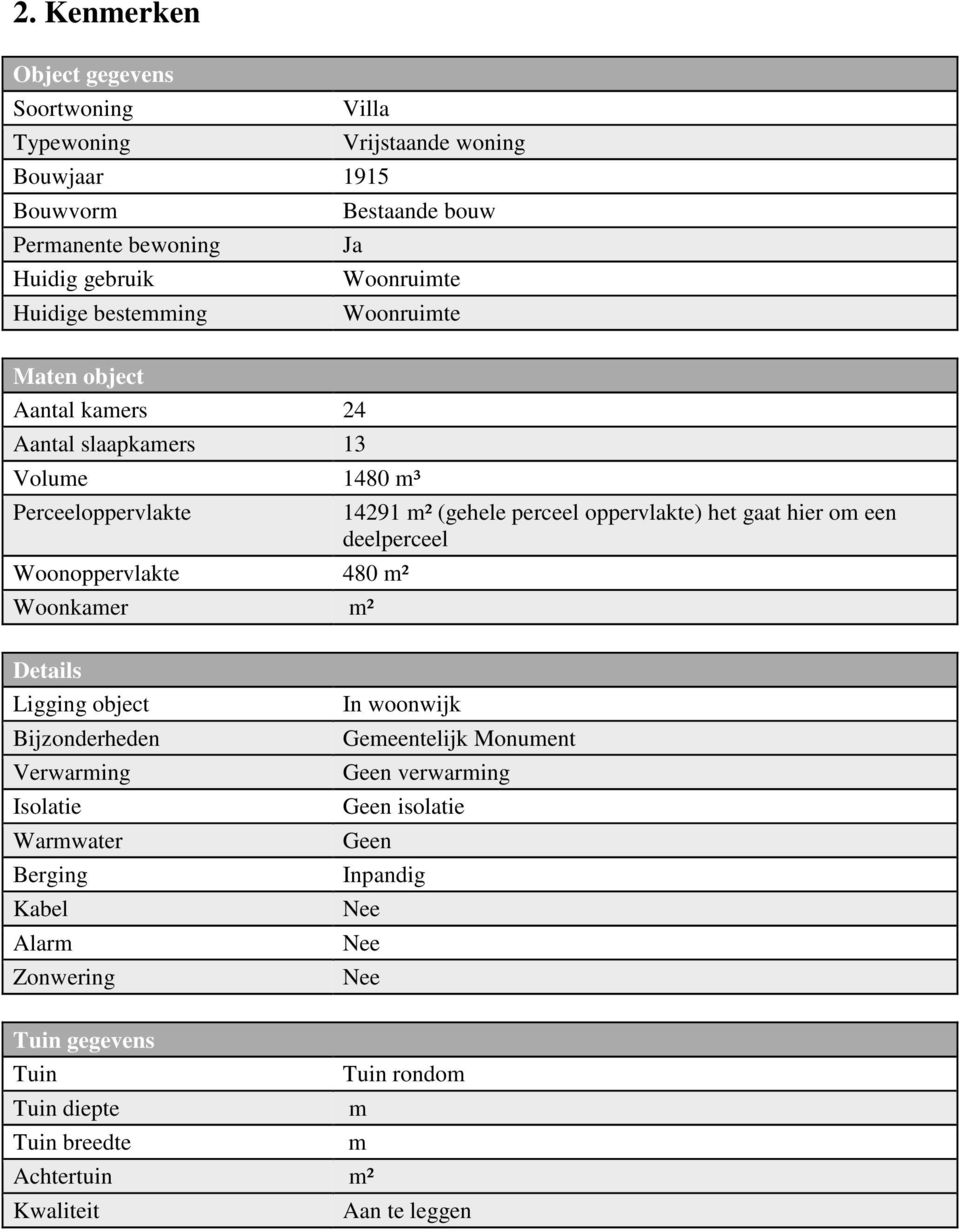 (gehele perceel oppervlakte) het gaat hier om een deelperceel Details Ligging object Bijzonderheden Verwarming Isolatie Warmwater Berging Kabel Alarm Zonwering In