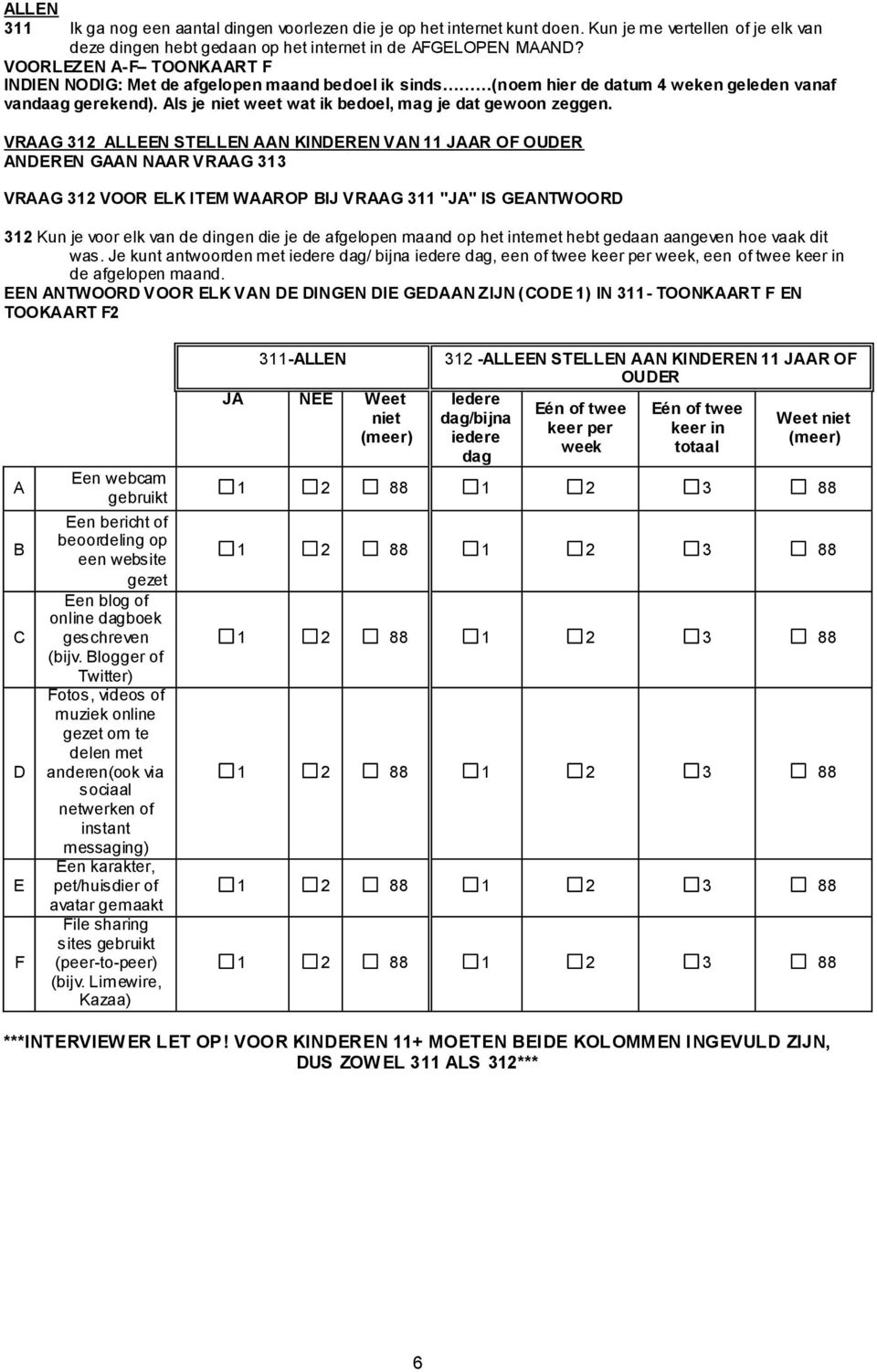 VRAAG 312 ALLEEN STELLEN AAN KINDEREN VAN 11 JAAR OF OUDER ANDEREN GAAN NAAR VRAAG 313 VRAAG 312 VOOR ELK ITEM WAAROP IJ VRAAG 311 "JA" IS GEANTWOORD 312 Kun je voor elk van de dingen die je de