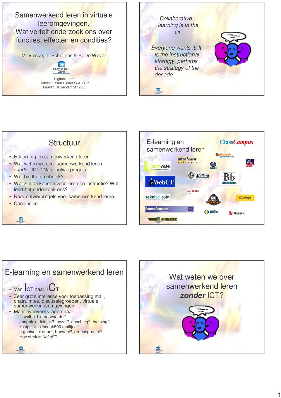 Leuven, 16 september 2003 Structuur E-learning en samenwerkend leren E-learning en samenwerkend leren Wat weten we over samenwerkend leren zonder ICT?