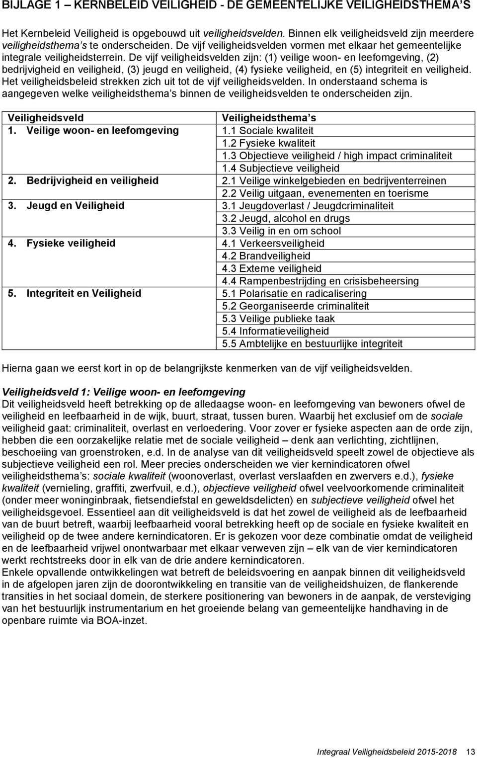 De vijf veiligheidsvelden zijn: (1) veilige woon- en leefomgeving, (2) bedrijvigheid en veiligheid, (3) jeugd en veiligheid, (4) fysieke veiligheid, en (5) integriteit en veiligheid.