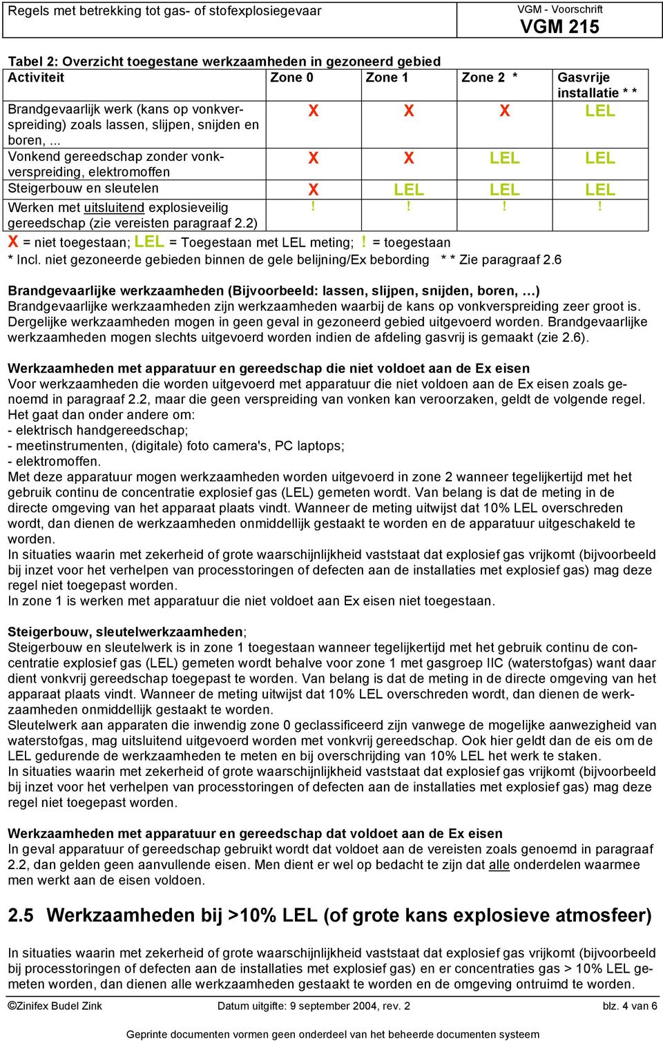 .. Vonkend gereedschap zonder vonkverspreiding, elektromoffen X X LEL LEL Steigerbouw en sleutelen X LEL LEL LEL Werken met uitsluitend explosieveilig gereedschap (zie vereisten paragraaf 2.2)!