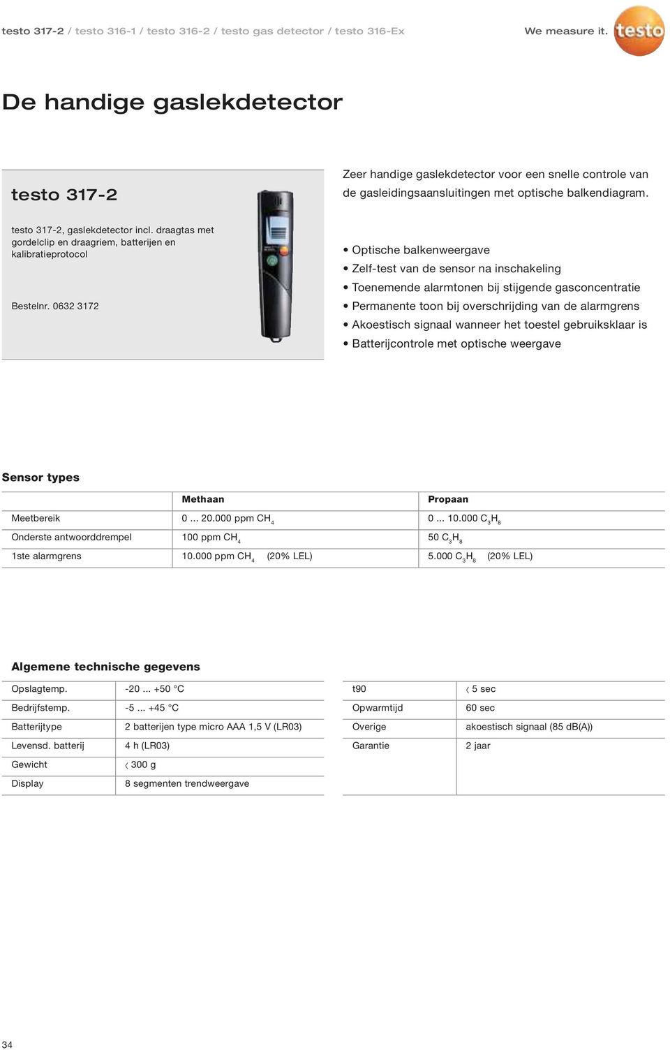 0632 3172 EUR 170,00 Optische balkenweergave Zelf-test van de sensor na inschakeling Toenemende alarmtonen bij stijgende gasconcentratie Permanente toon bij overschrijding van de alarmgrens