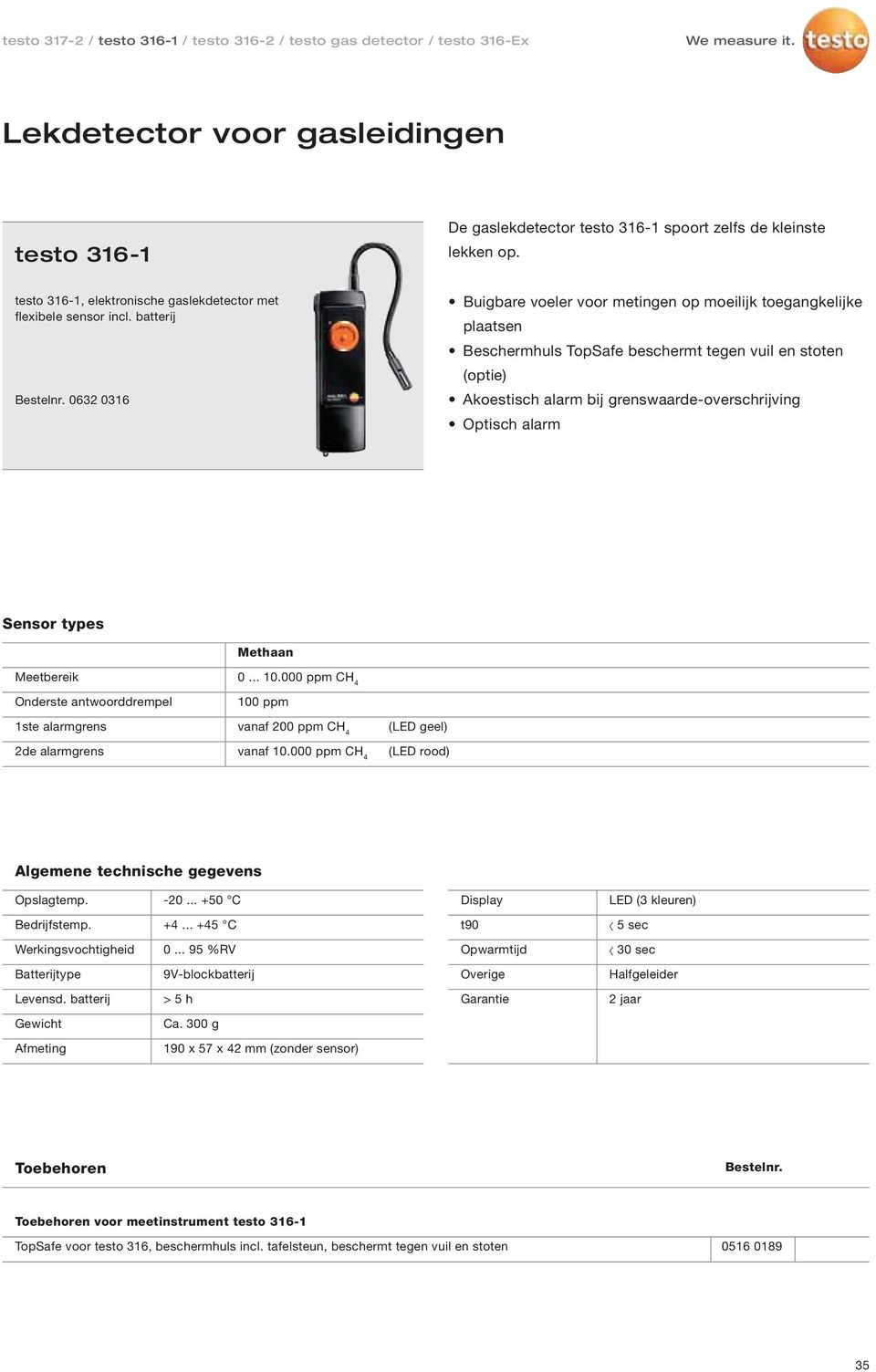 Optisch alarm Meetbereik 0... 10.000 ppm CH 4 Onderste antwoorddrempel 100 ppm 1ste alarmgrens vanaf 200 ppm CH 4 (LED geel) 2de alarmgrens vanaf 10.000 ppm CH 4 (LED rood) Opslagtemp. -20.