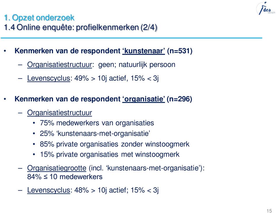 Levenscyclus: 49% > 10j actief, 15% < 3j Kenmerken van de respondent organisatie (n=296) Organisatiestructuur 75% medewerkers van