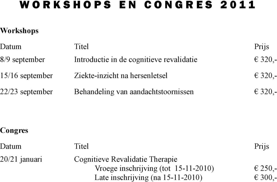 september Behandeling van aandachtstoornissen 320,- Congres Datum Titel Prijs 20/21 januari