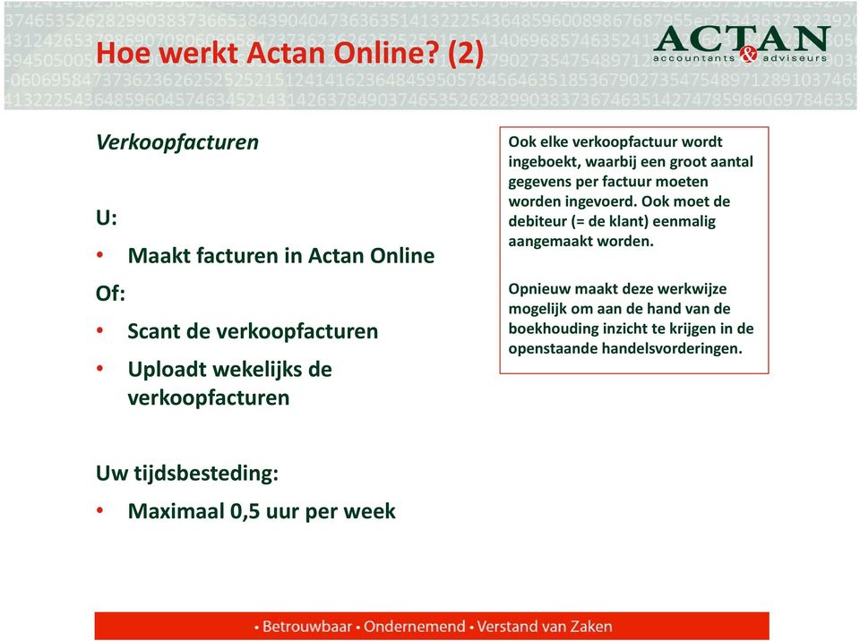 Ook elke verkoopfactuur wordt ingeboekt, waarbij een groot aantal gegevens per factuur moeten worden ingevoerd.