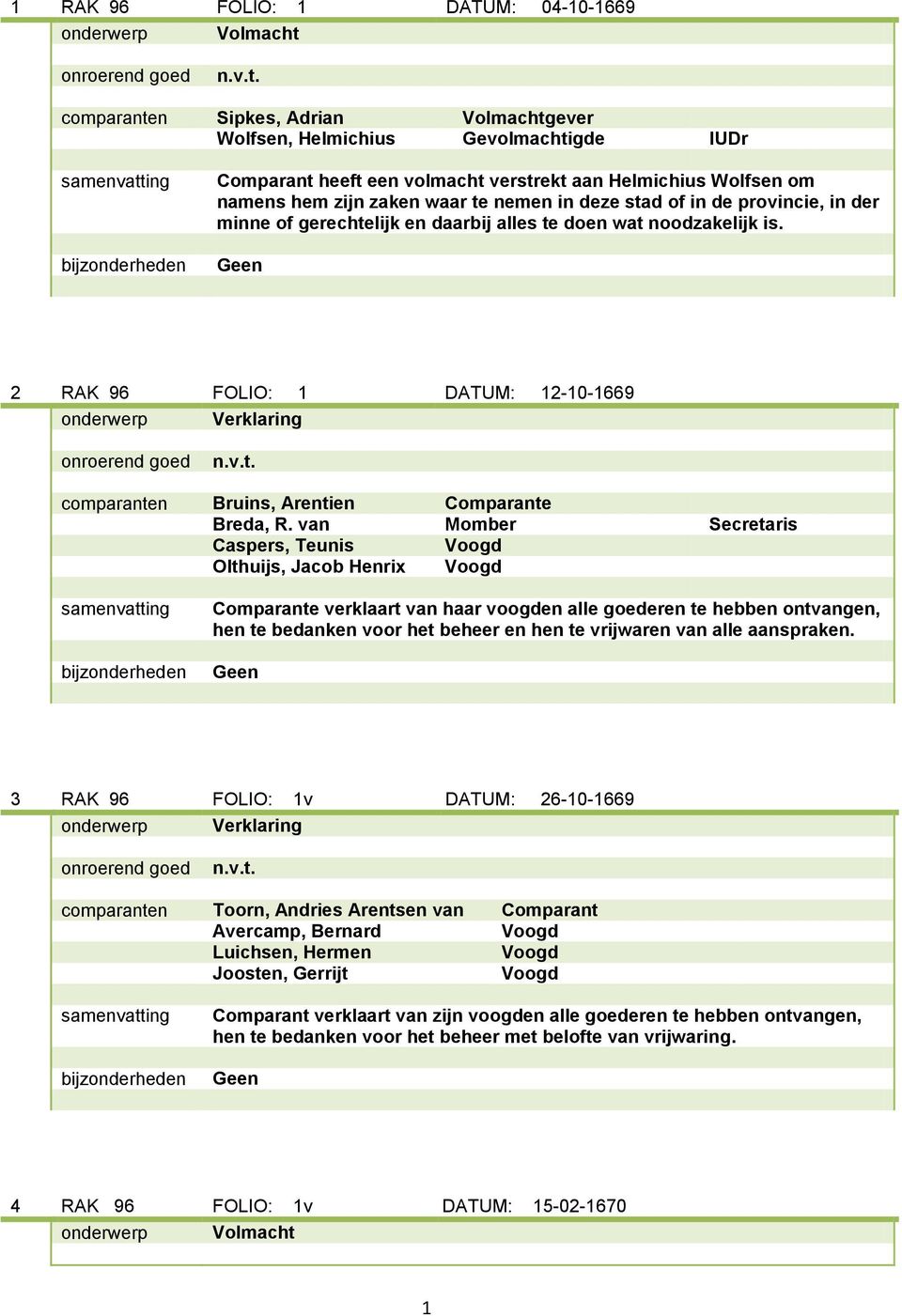 2 RAK 96 FOLIO: 1 DATUM: 12-10-1669 comparanten Bruins, Arentien Comparante Breda, R.
