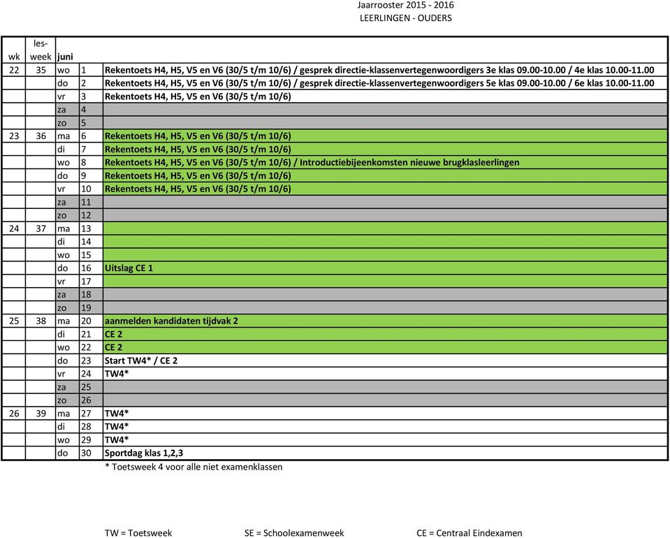 00 vr 3 Rekentoets H4, H5, V5 en V6 (30/5 t/m 10/6) za 4 zo 5 23 36 ma 6 Rekentoets H4, H5, V5 en V6 (30/5 t/m 10/6) di 7 Rekentoets H4, H5, V5 en V6 (30/5 t/m 10/6) wo 8 Rekentoets H4, H5, V5 en V6