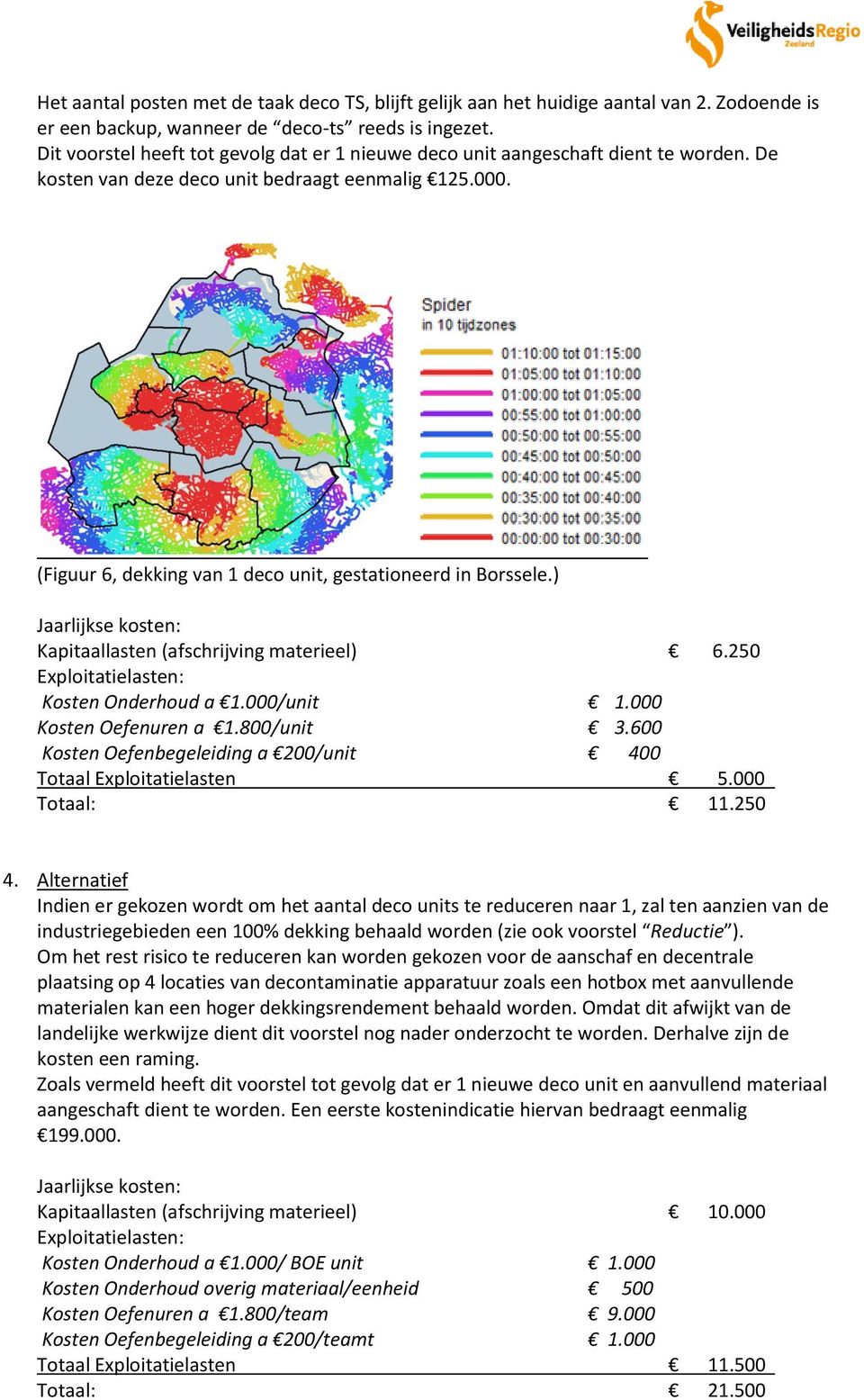 (Figuur 6, dekking van 1 deco unit, gestationeerd in Borssele.) Jaarlijkse kosten: Kapitaallasten (afschrijving materieel) 6.250 Exploitatielasten: Kosten Onderhoud a 1.000/unit 1.
