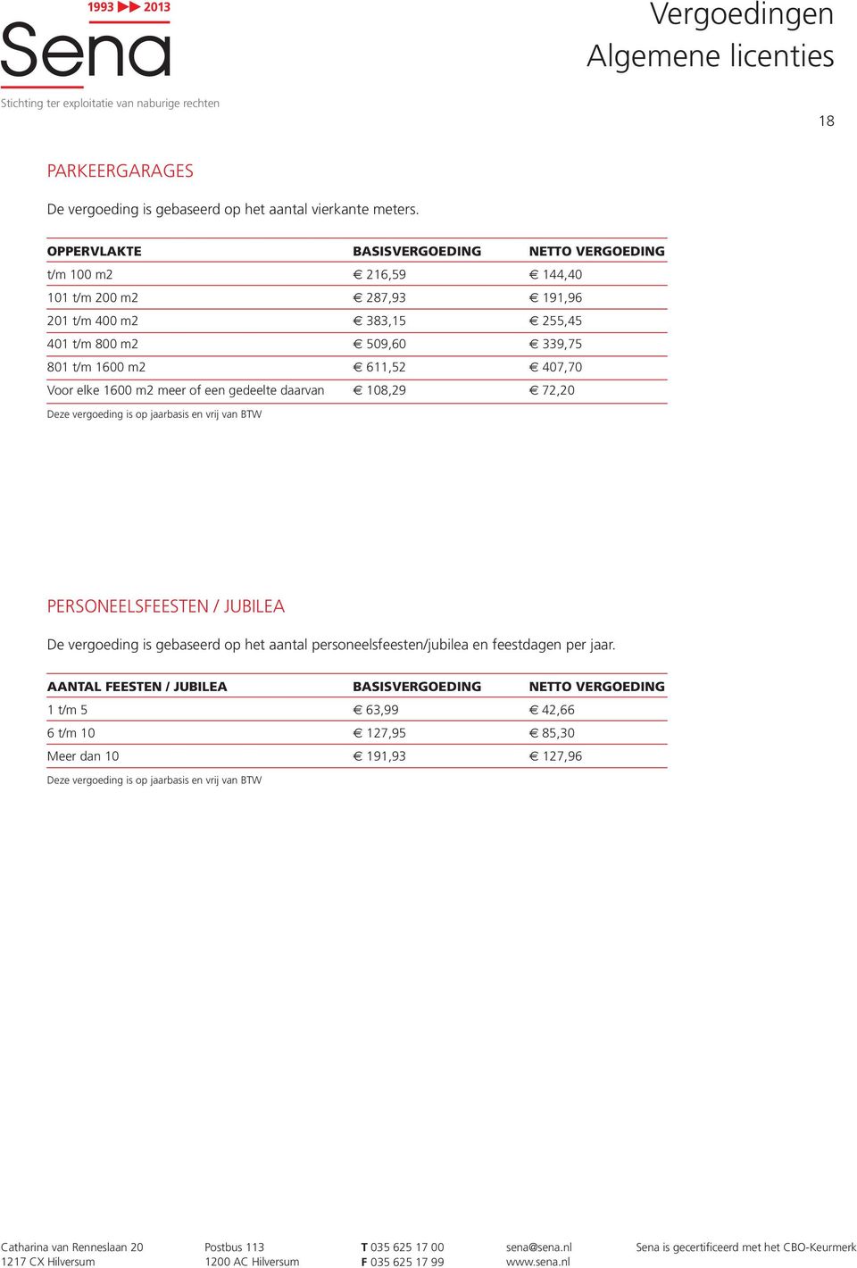 611,52 407,70 Voor elke 1600 m2 meer of een gedeelte daarvan 108,29 72,20 PERSONEELSFEESTEN / JUBILEA De vergoeding is gebaseerd