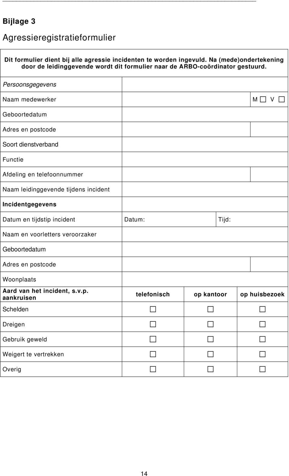 Persoonsgegevens Naam medewerker M V Geboortedatum Adres en postcode Soort dienstverband Functie Afdeling en telefoonnummer Naam leidinggevende tijdens incident