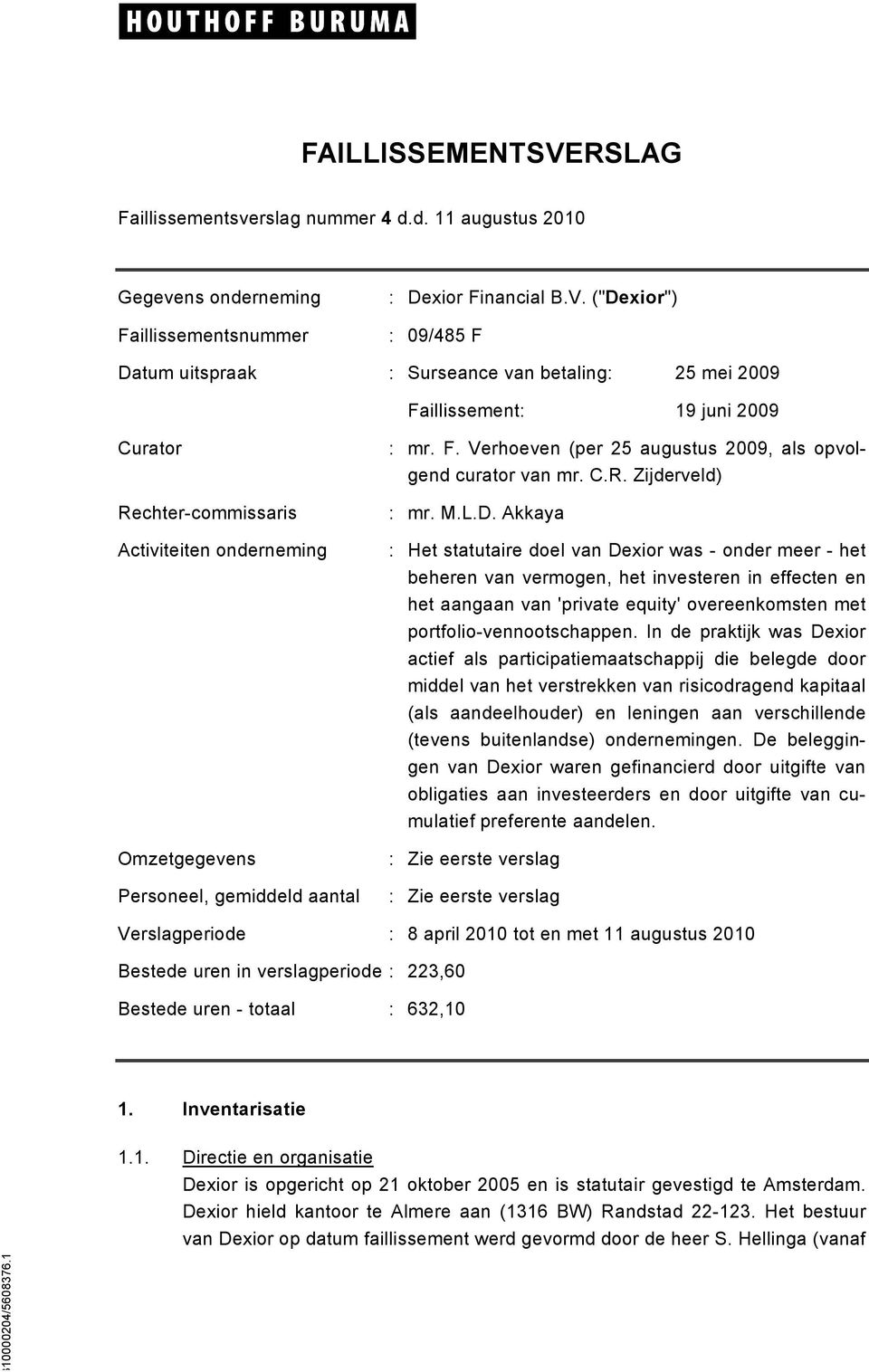 ("Dexior") : 09/485 F Datum uitspraak : Surseance van betaling: 25 mei 2009 Faillissement: 19 juni 2009 Curator Rechter-commissaris Activiteiten onderneming Omzetgegevens Personeel, gemiddeld aantal