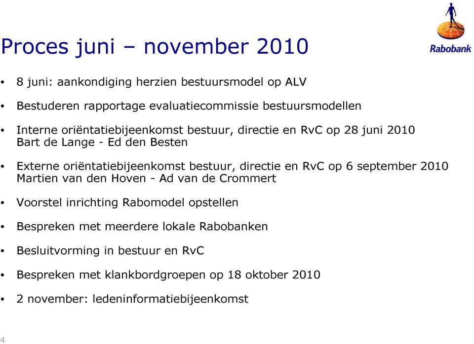 directie en RvC op 6 september 2010 Martien van den Hoven - Ad van de Crommert Voorstel inrichting Rabomodel opstellen Bespreken met