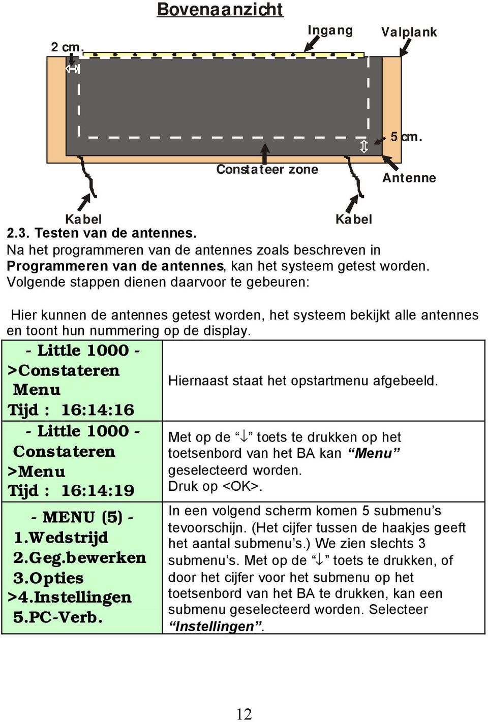 Volgende stappen dienen daarvoor te gebeuren: Hier kunnen de antennes getest worden, het systeem bekijkt alle antennes en toont hun nummering op de display.