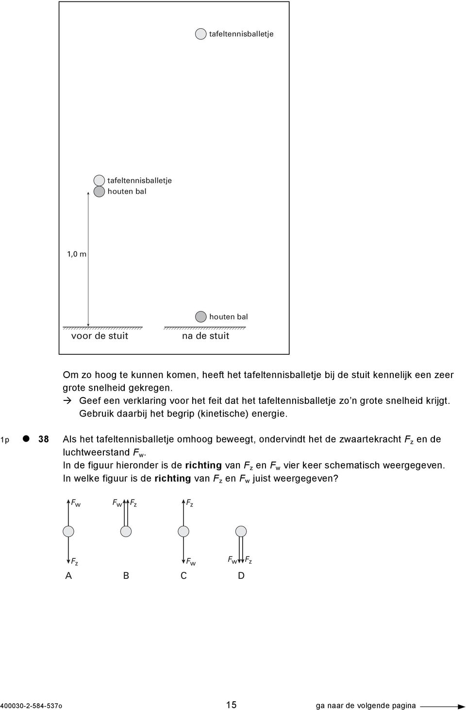 1p 38 Als het tafeltennisballetje omhoog beweegt, ondervindt het de zwaartekracht F z en de luchtweerstand F w.