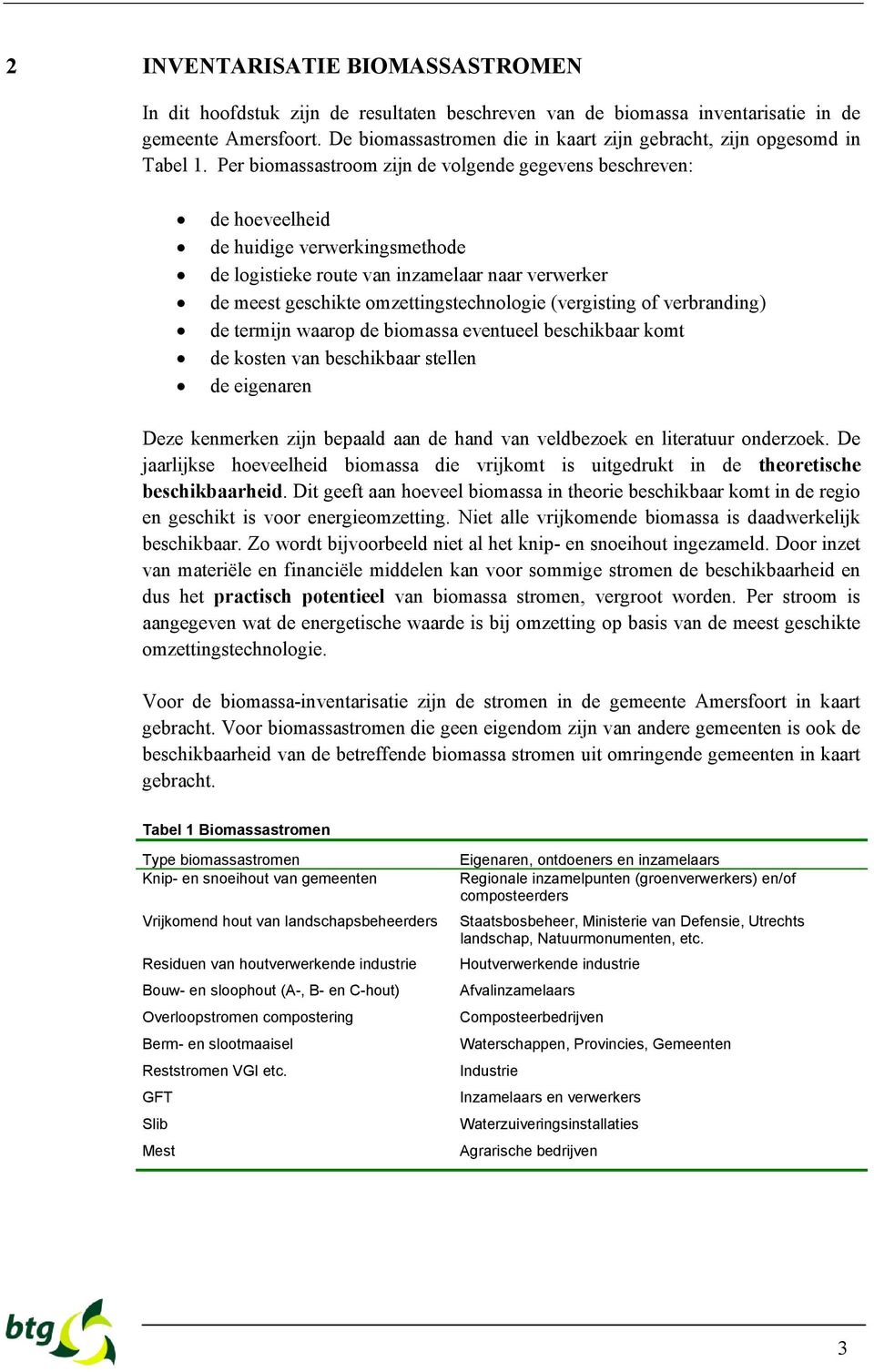 Per biomassastroom zijn de volgende gegevens beschreven: de hoeveelheid de huidige verwerkingsmethode de logistieke route van inzamelaar naar verwerker de meest geschikte omzettingstechnologie