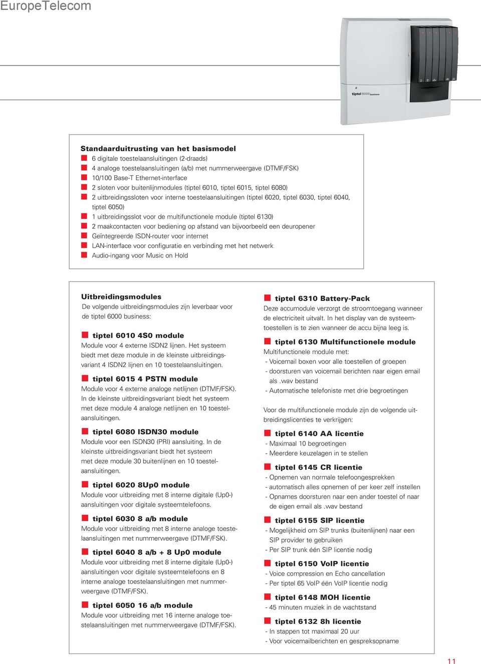 multifunctionele module (tiptel 6130) 2 maakcontacten voor bediening op afstand van bijvoorbeeld een deuropener Geïntegreerde ISDN-router voor internet LAN-interface voor configuratie en verbinding