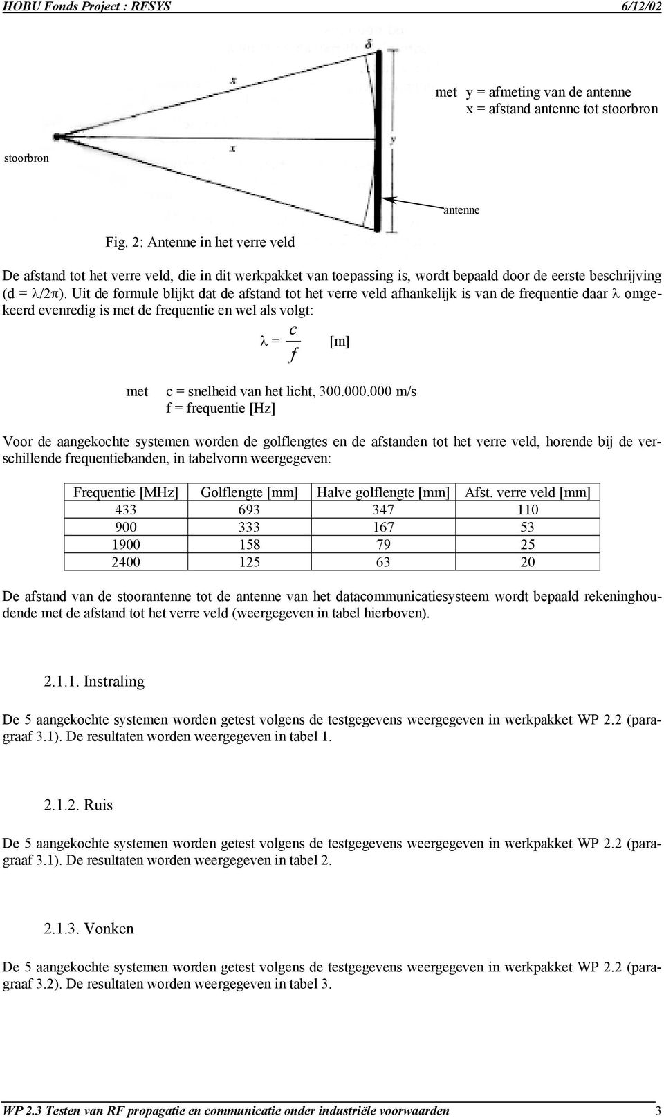 Uit de formule blijkt dat de afstand tot het verre veld afhankelijk is van de frequentie daar λ omgekeerd evenredig is met de frequentie en wel als volgt: λ = f c [m] met c = snelheid van het licht,