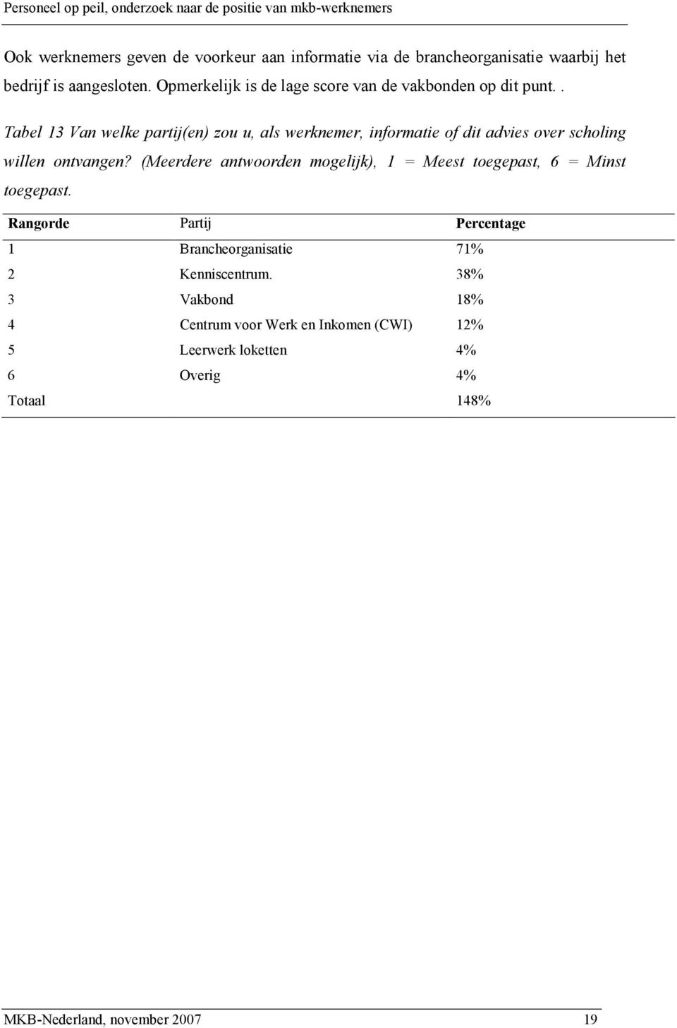 . Tabel 13 Van welke partij(en) zou u, als werknemer, informatie of dit advies over scholing willen ontvangen?