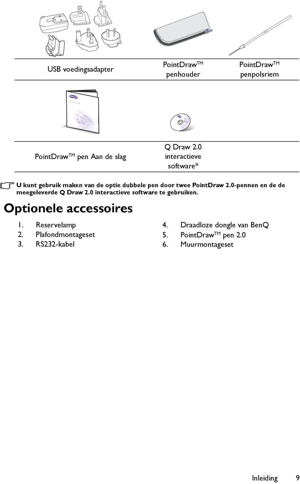 0-pennen en de de meegeleverde Q Draw 2.0 interactieve software te gebruiken. Optionele accessoires 1.