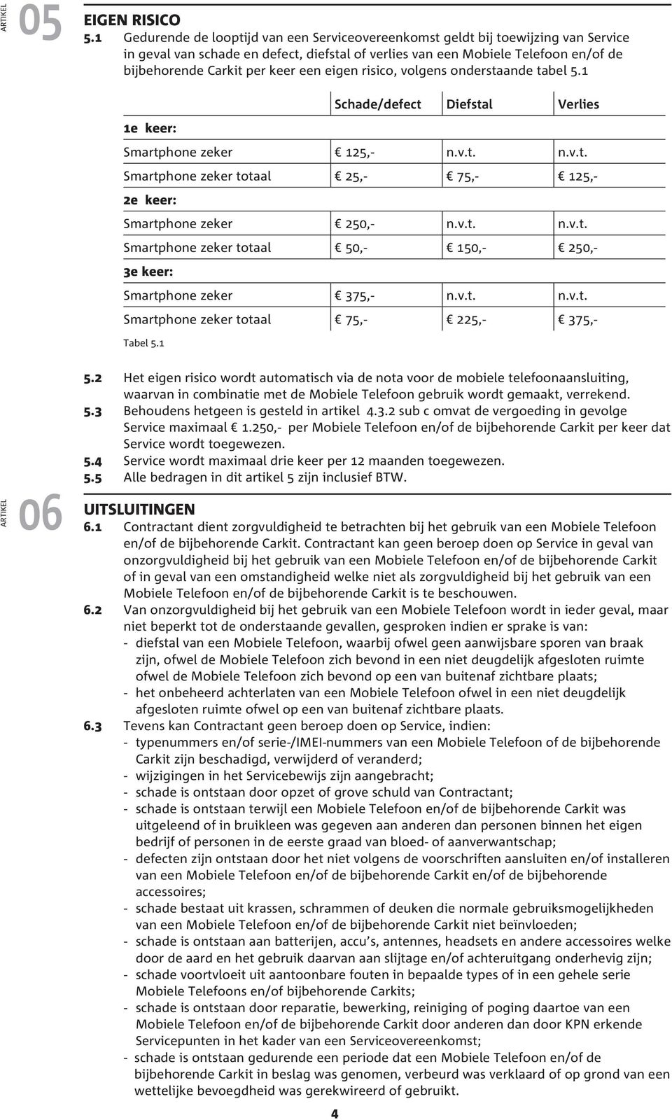 een eigen risico, volgens onderstaande tabel 5.1 1e keer: Schade/defect Diefstal Verlies Smartphone zeker 125,- n.v.t. n.v.t. Smartphone zeker totaal 25,- 75,- 125,- 2e keer: Smartphone zeker 250,- n.