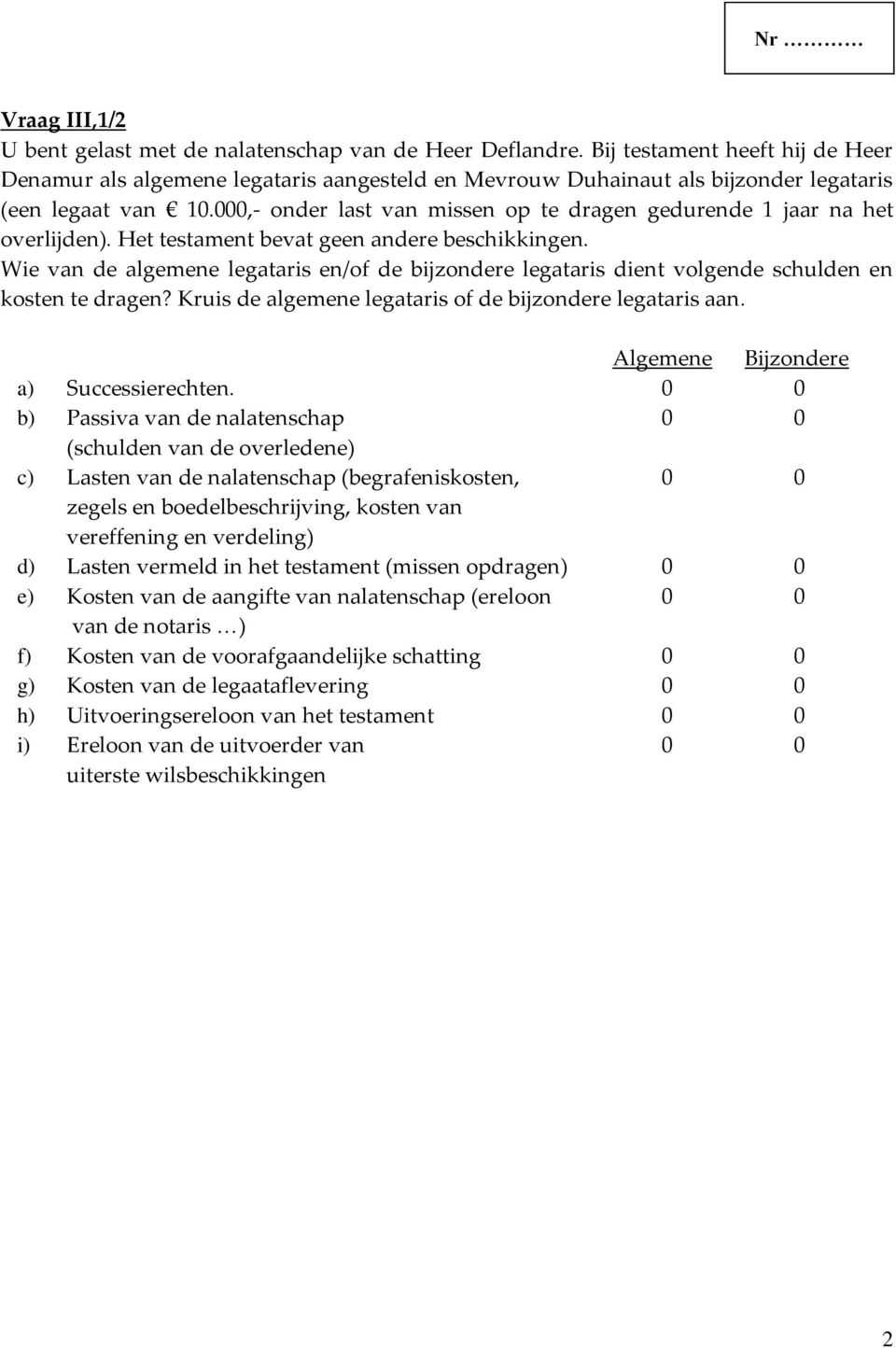 000,- onder last van missen op te dragen gedurende 1 jaar na het overlijden). Het testament bevat geen andere beschikkingen.