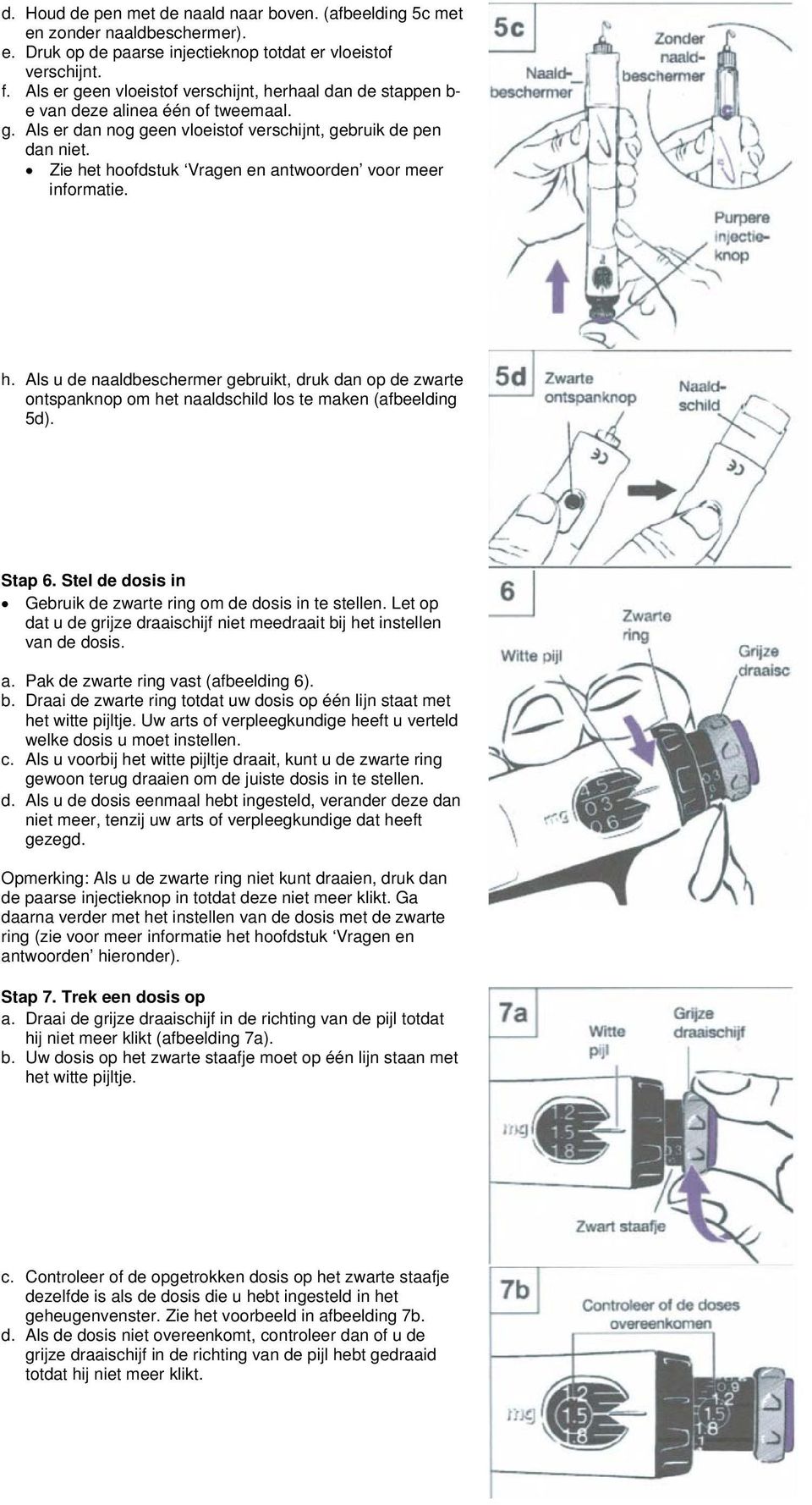 Zie het hoofdstuk Vragen en antwoorden voor meer informatie. h. Als u de naaldbeschermer gebruikt, druk dan op de zwarte ontspanknop om het naaldschild los te maken (afbeelding 5d). Stap 6.