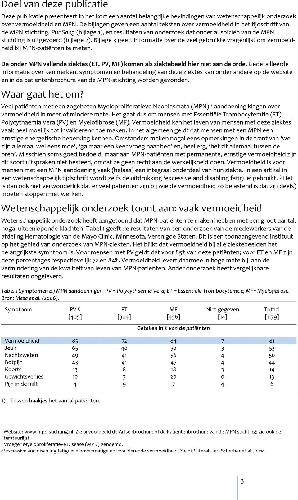 uitgevoerd (bijlage 2). Bijlage 3 geeft informatie over de veel gebruikte vragenlijst om vermoeidheid bij MPN-patiënten te meten.