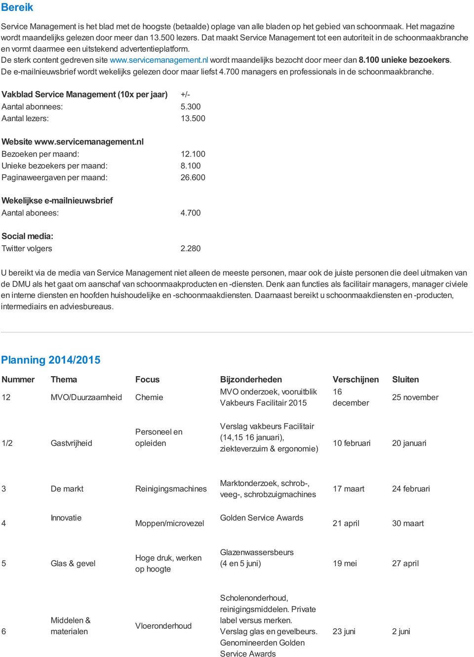 nl wordt maandelijks bezocht door meer dan 8.100 unieke bezoekers. De e-mailnieuwsbrief wordt wekelijks gelezen door maar liefst 4.700 managers en professionals in de schoonmaakbranche.