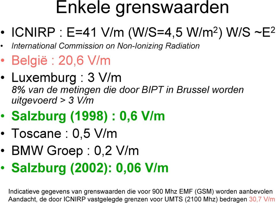 (1998) : 0,6 V/m Toscane : 0,5 V/m BMW Groep : 0,2 V/m Salzburg (2002): 0,06 V/m Indicatieve gegevens van grenswaarden