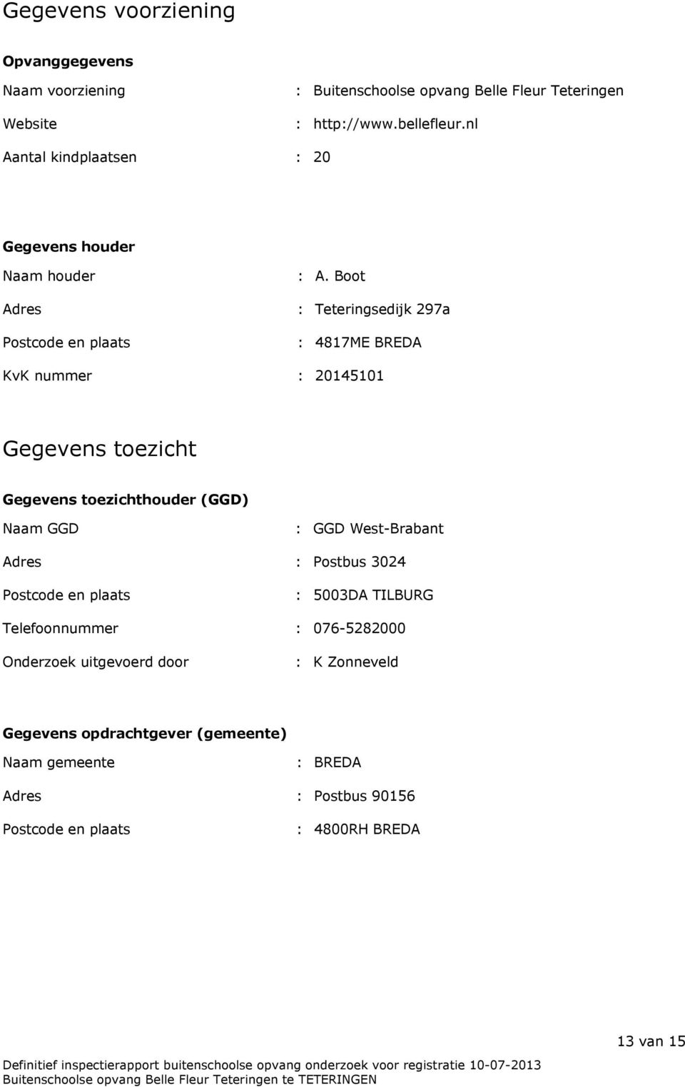 Boot : Teteringsedijk 297a : 4817ME BREDA KvK nummer : 20145101 Gegevens toezicht Gegevens toezichthouder (GGD) Naam GGD : GGD West-Brabant Adres :
