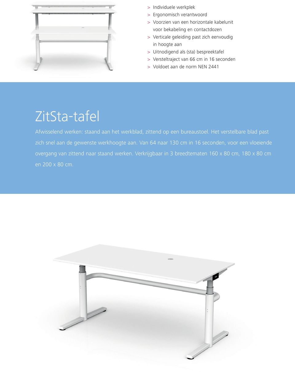 ZitSta-tafel Afwisselend werken: staand aan het werkblad, zittend op een bureaustoel.