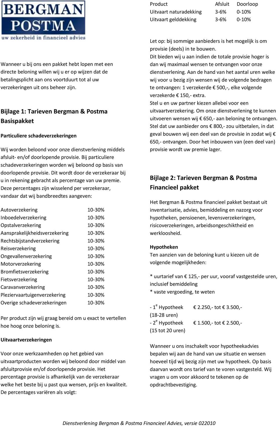 Bijlage 1: Tarieven Bergman & Postma Basispakket Particuliere schadeverzekeringen Wij worden beloond voor onze dienstverlening middels afsluit- en/of doorlopende provisie.