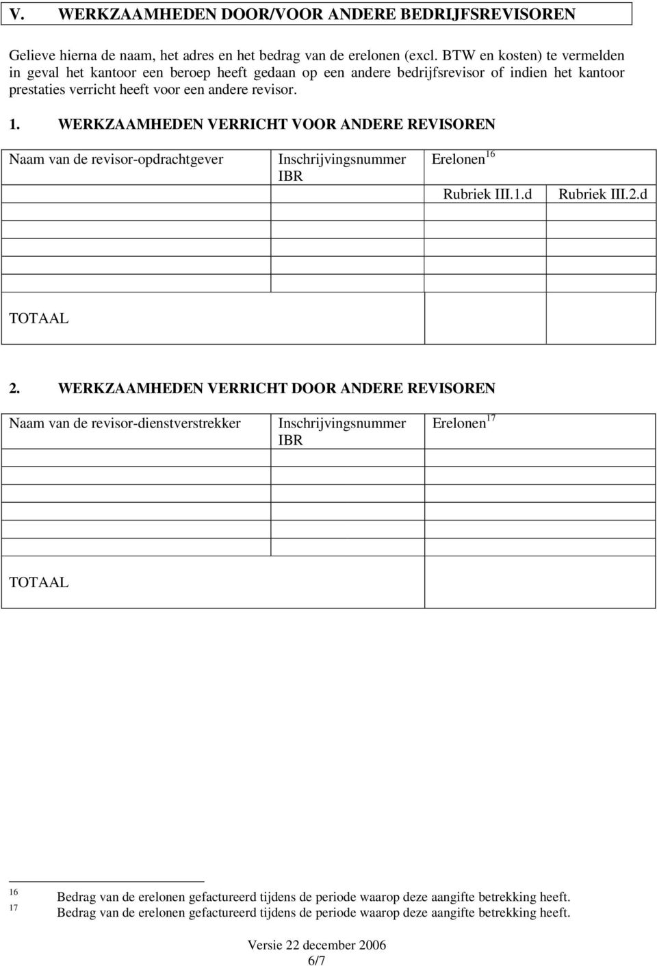 WERKZAAMHEDEN VERRICHT VOOR ANDERE REVISOREN Naam van de revisor-opdrachtgever Erelonen 16 Rubriek III.1.d Rubriek III.2.d TOTAAL 2.