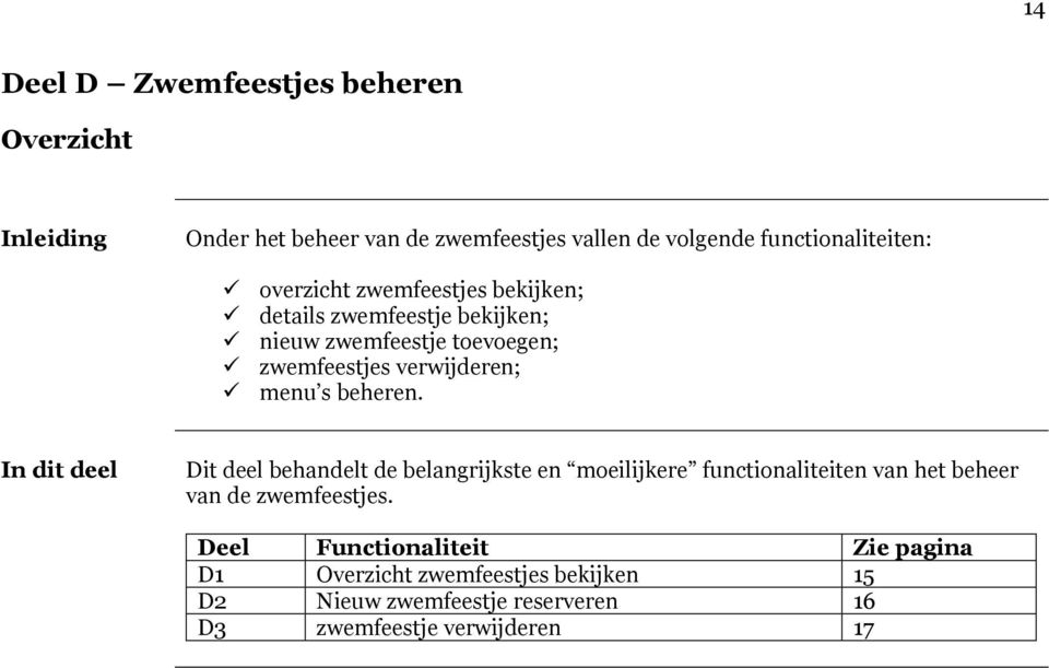 In dit deel Dit deel behandelt de belangrijkste en moeilijkere functionaliteiten van het beheer van de zwemfeestjes.