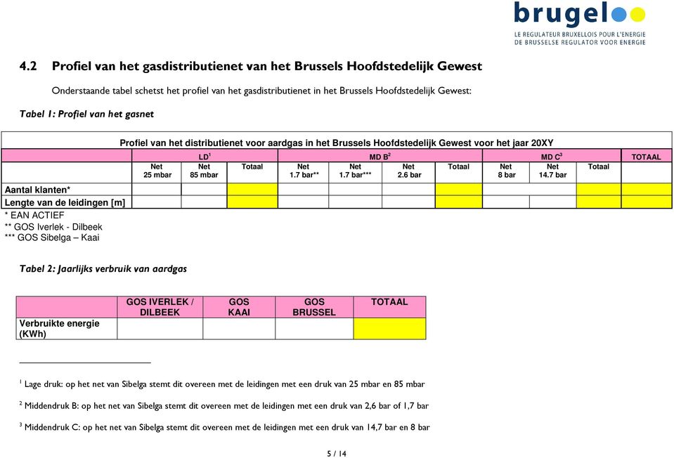 voor het jaar 20XY Net 25 mbar LD 1 MD B 2 MD C 3 TOTAAL Net Totaal Net Net Net Totaal Net Net Totaal 85 mbar 1.7 bar** 1.7 bar*** 2.6 bar 8 bar 14.